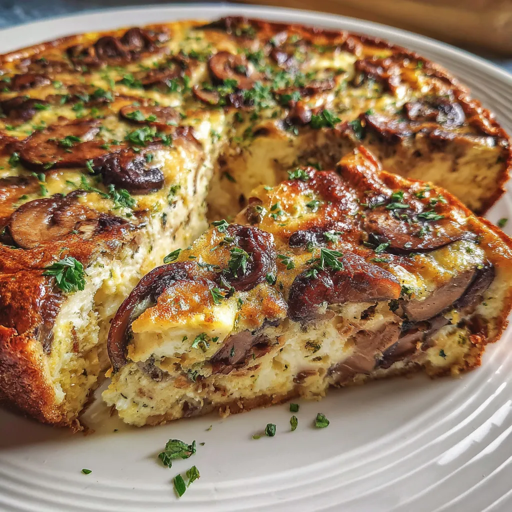 A slice of crustless mushroom and Swiss quiche served warm on a plate, garnished with parsley.