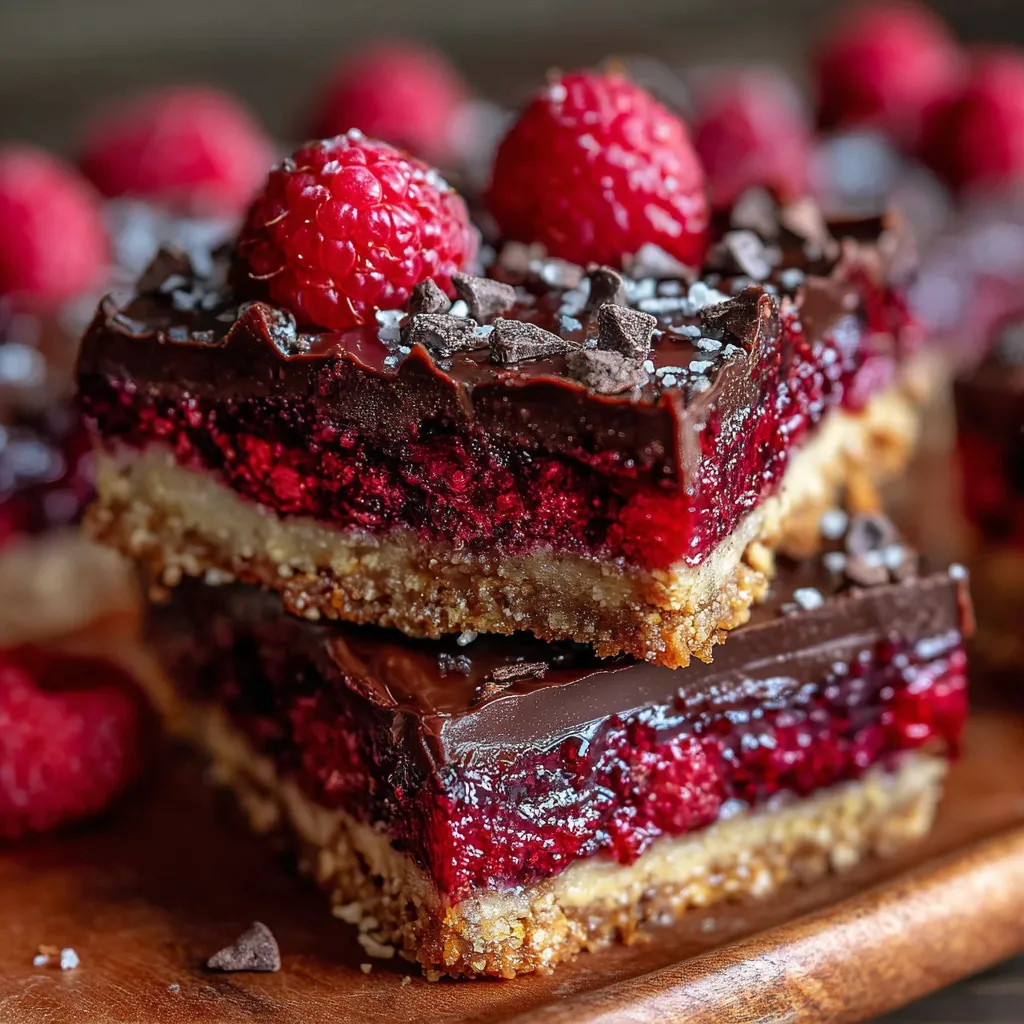 A close-up of sliced dark chocolate raspberry pie bars topped with powdered sugar and fresh raspberries.