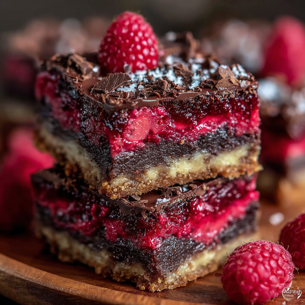 A close-up of sliced dark chocolate raspberry pie bars topped with powdered sugar and fresh raspberries.