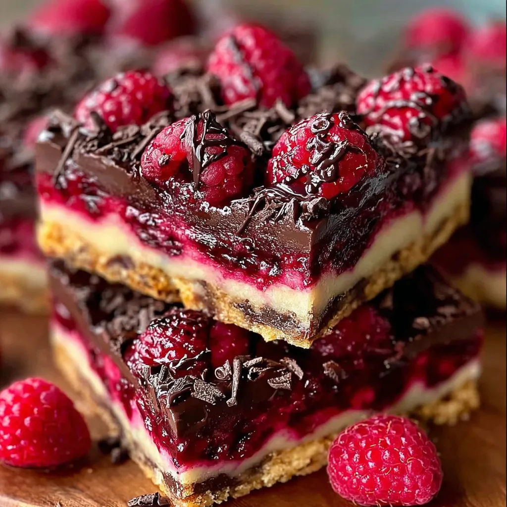 A close-up of sliced dark chocolate raspberry pie bars topped with powdered sugar and fresh raspberries.
