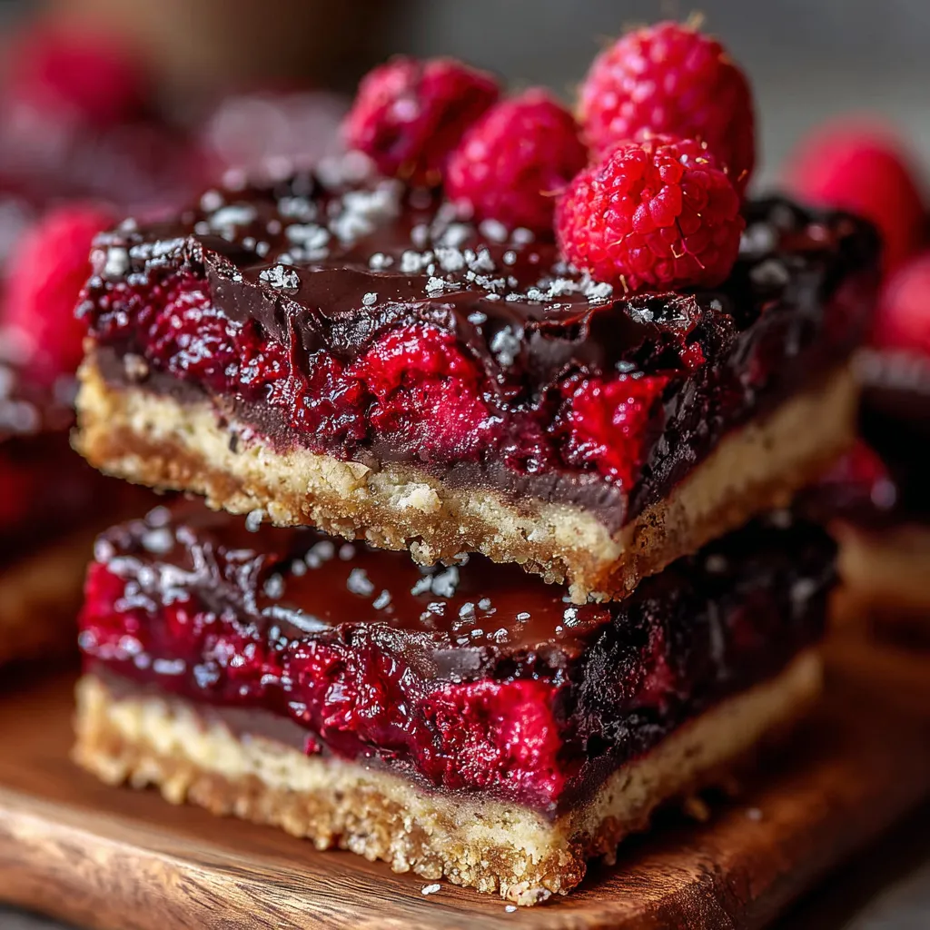 A close-up of sliced dark chocolate raspberry pie bars topped with powdered sugar and fresh raspberries.