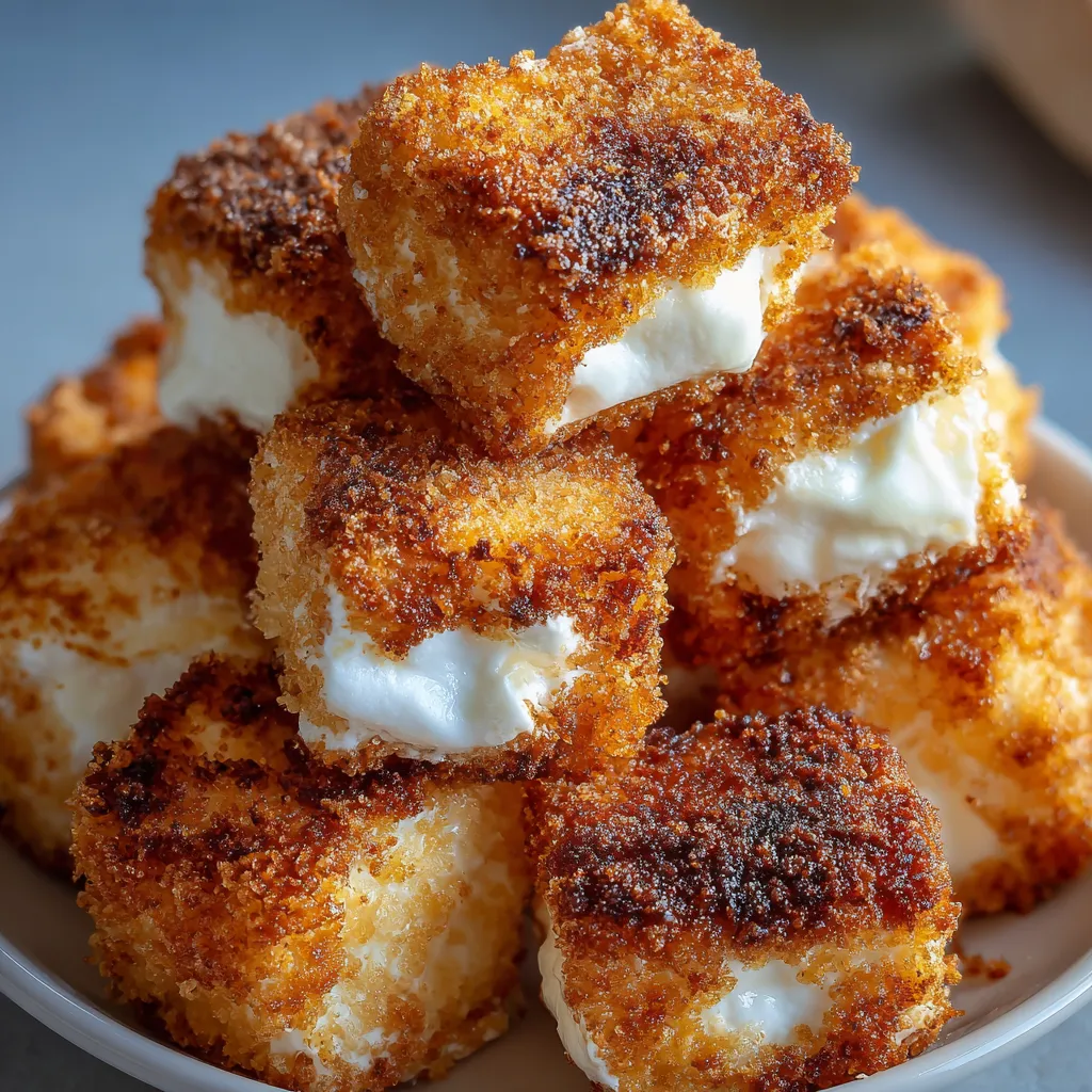 Golden deep fried marshmallows stacked on a plate with powdered sugar and chocolate drizzle
