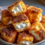 Golden deep fried marshmallows stacked on a plate with powdered sugar and chocolate drizzle