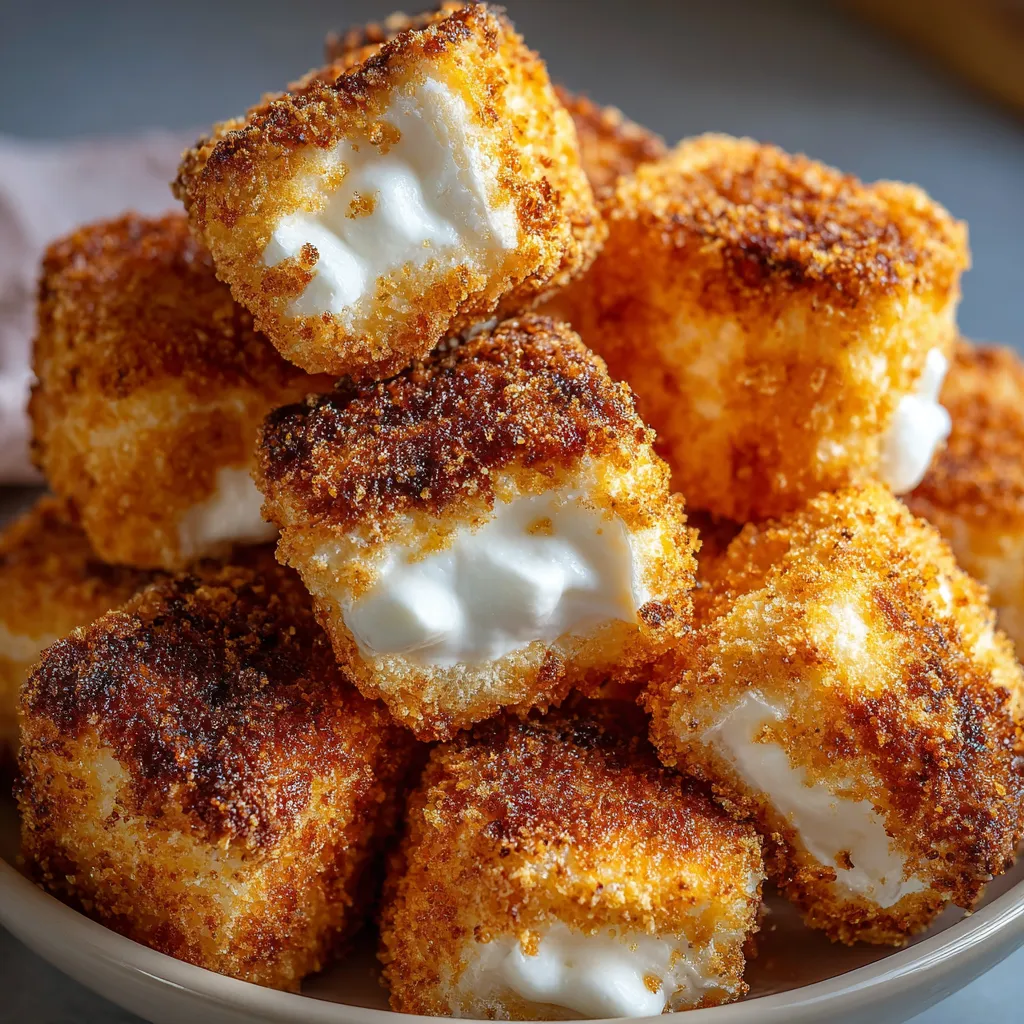 Golden deep fried marshmallows stacked on a plate with powdered sugar and chocolate drizzle