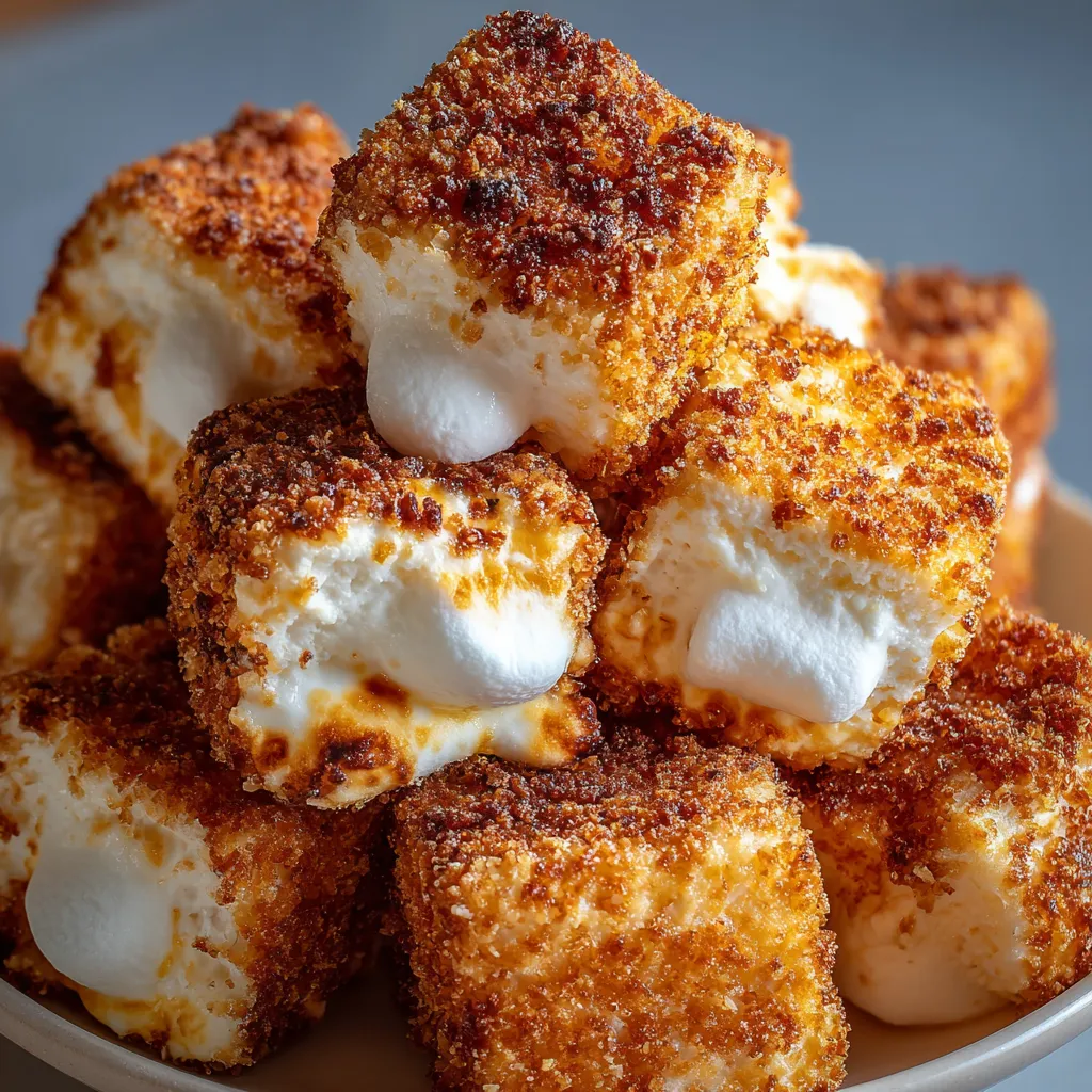 Golden deep fried marshmallows stacked on a plate with powdered sugar and chocolate drizzle