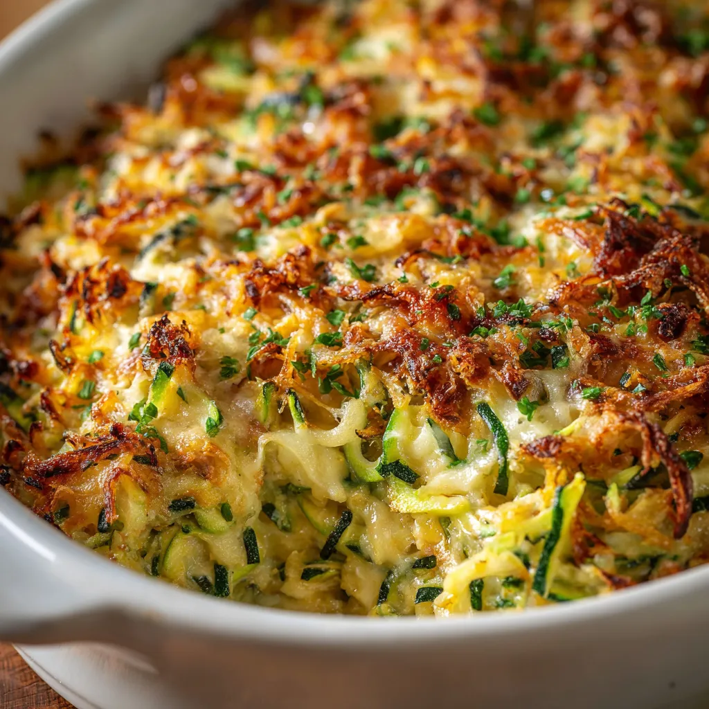 Easy shredded zucchini casserole with melted cheese and crispy breadcrumb topping