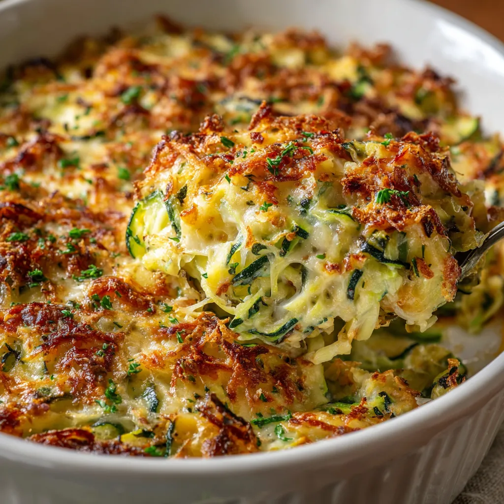 Easy shredded zucchini casserole with melted cheese and crispy breadcrumb topping
