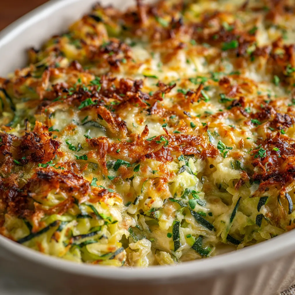 Easy shredded zucchini casserole with melted cheese and crispy breadcrumb topping