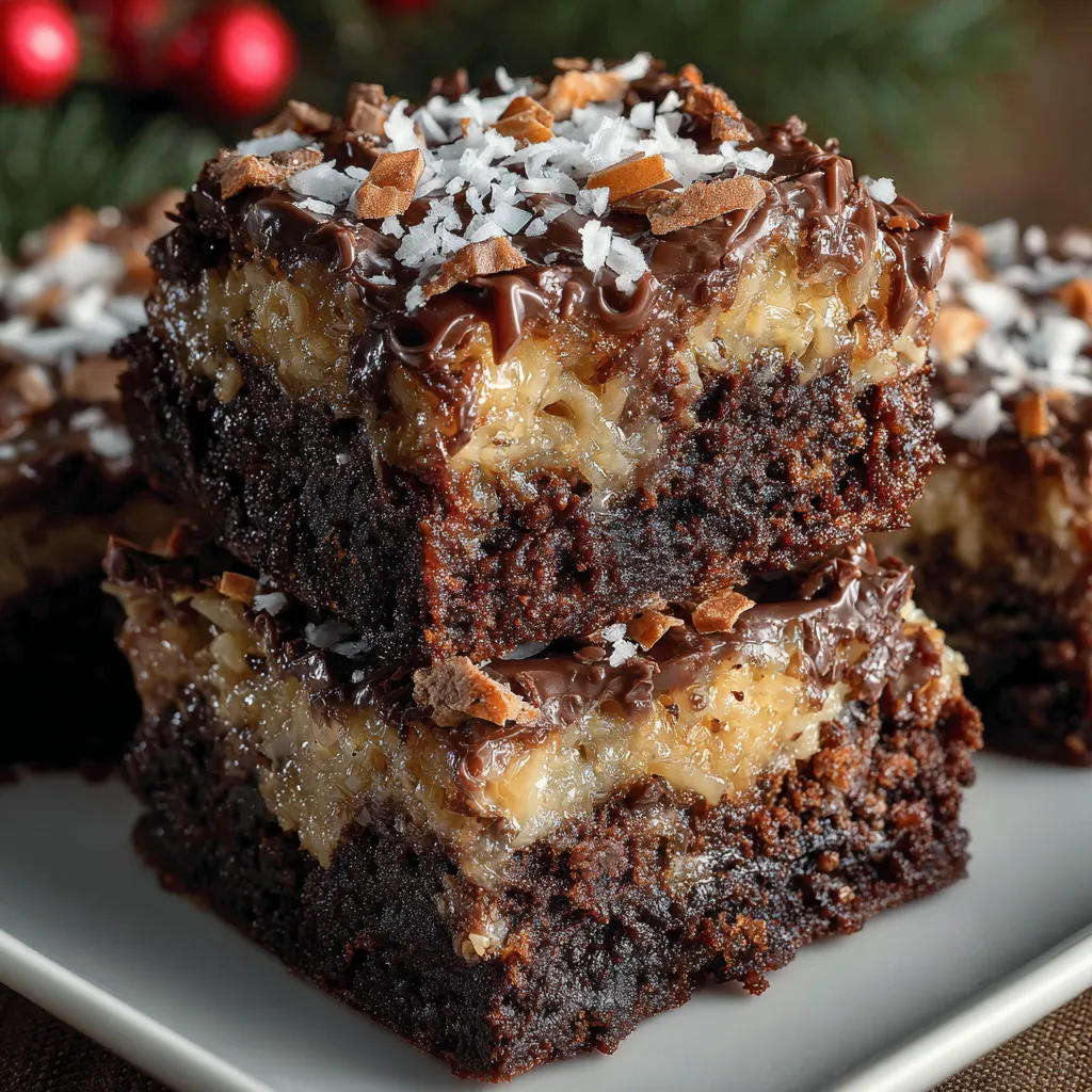 Fudgy German chocolate brownies with coconut pecan topping sliced in squares on a baking tray.