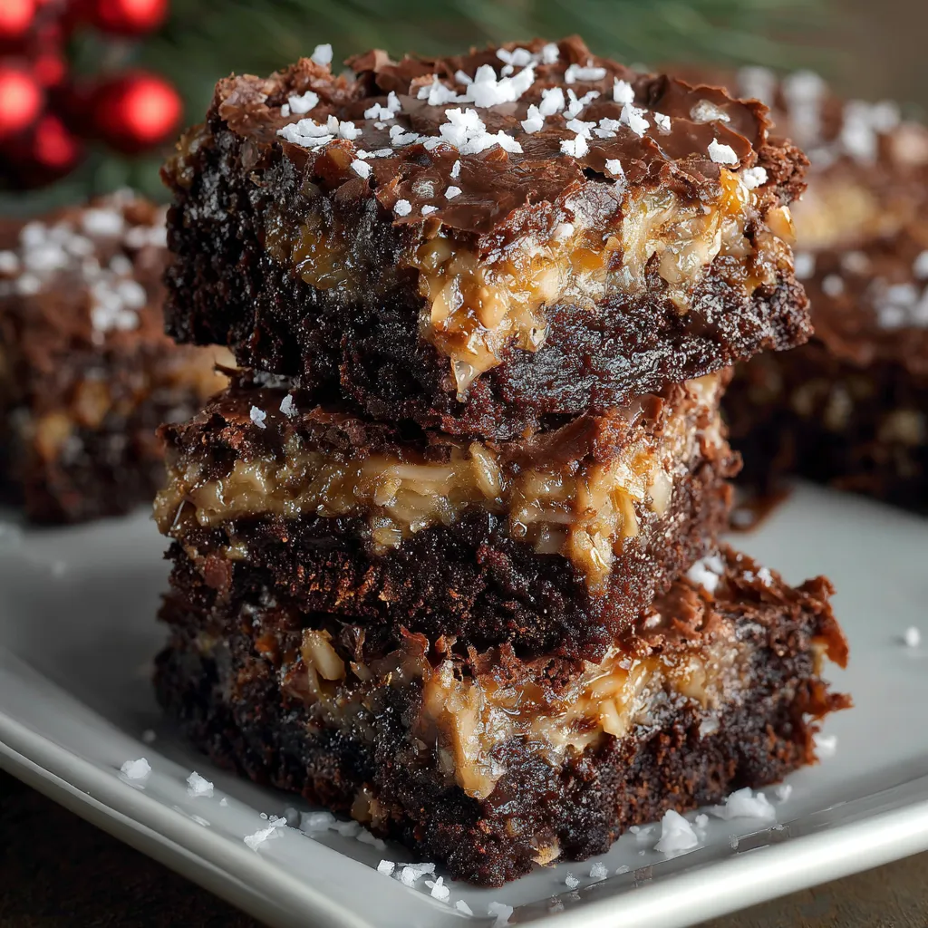 Fudgy German chocolate brownies with coconut pecan topping sliced in squares on a baking tray.