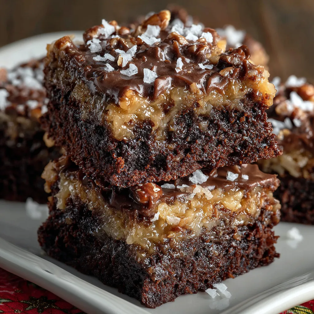 Fudgy German chocolate brownies with coconut pecan topping sliced in squares on a baking tray.