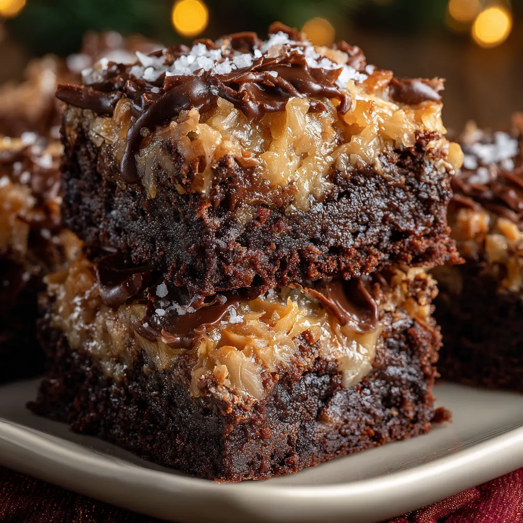 Fudgy German chocolate brownies with coconut pecan topping sliced in squares on a baking tray.