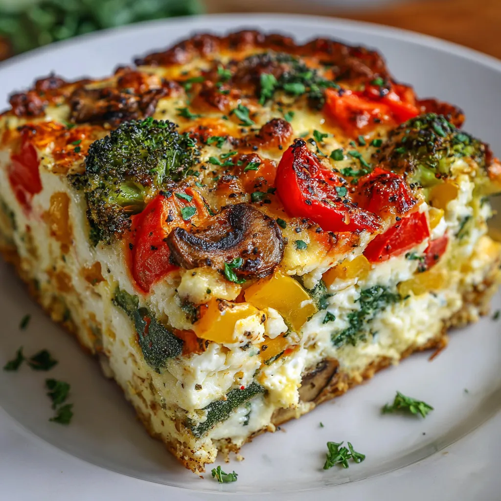 High-Protein Cottage Cheese Veggie Bake with broccoli, zucchini, and red peppers in a golden cheesy crust