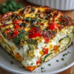 High-Protein Cottage Cheese Veggie Bake with broccoli, zucchini, and red peppers in a golden cheesy crust