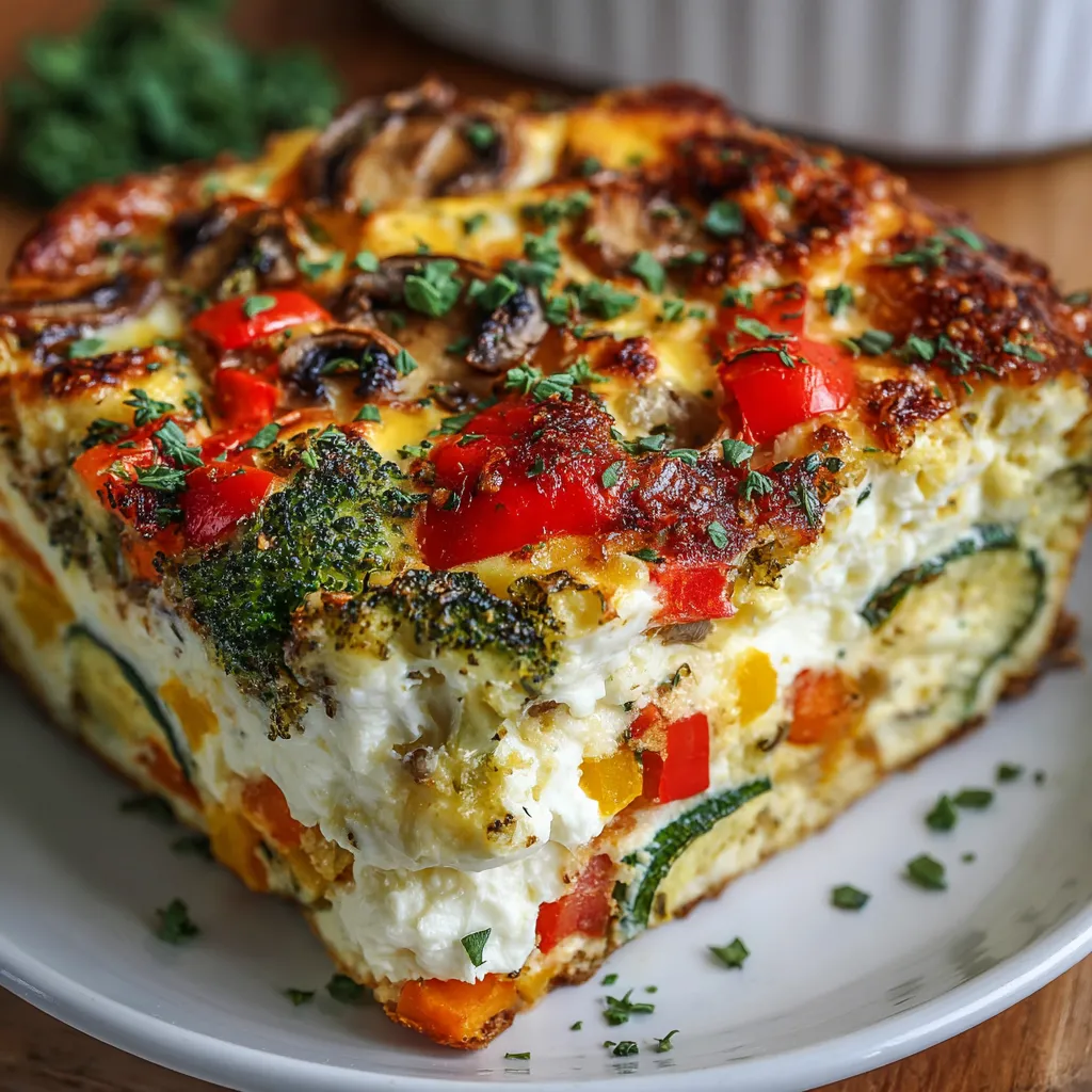 High-Protein Cottage Cheese Veggie Bake with broccoli, zucchini, and red peppers in a golden cheesy crust