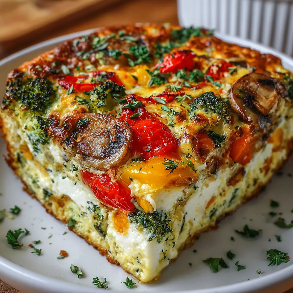 High-Protein Cottage Cheese Veggie Bake with broccoli, zucchini, and red peppers in a golden cheesy crust