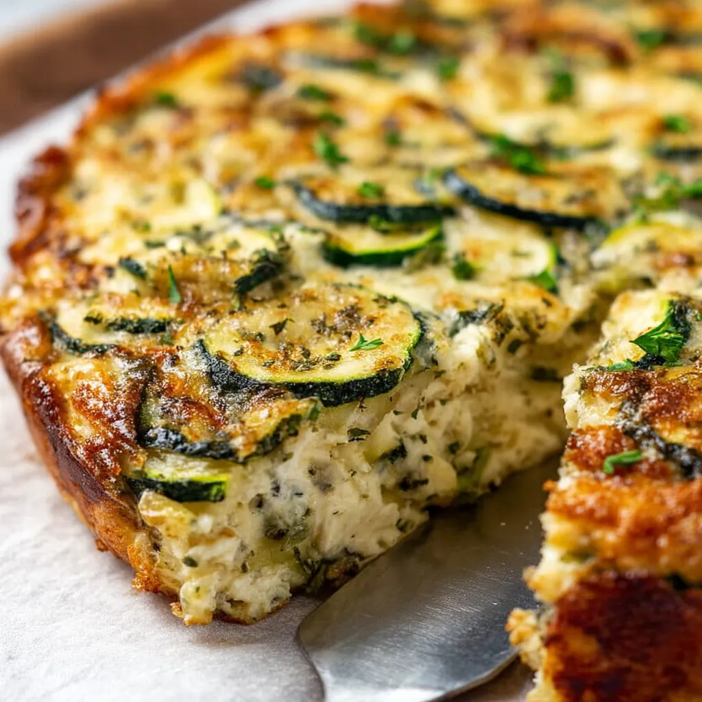Crustless zucchini quiche with cherry tomatoes and herbs, baked golden in a white pie dish.