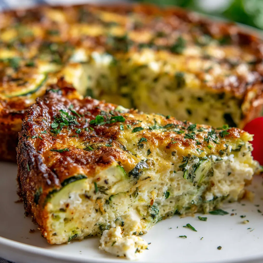 Crustless zucchini quiche with cherry tomatoes and herbs, baked golden in a white pie dish.