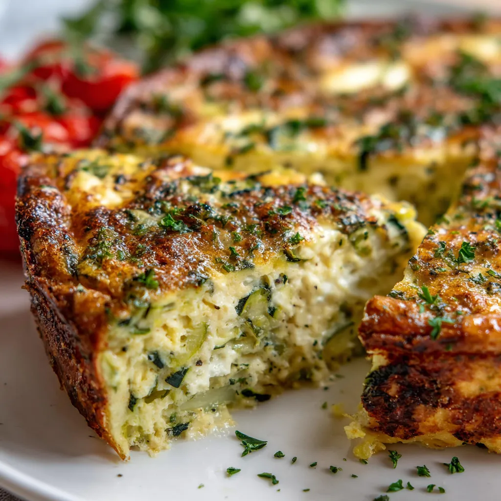 Crustless zucchini quiche with cherry tomatoes and herbs, baked golden in a white pie dish.
