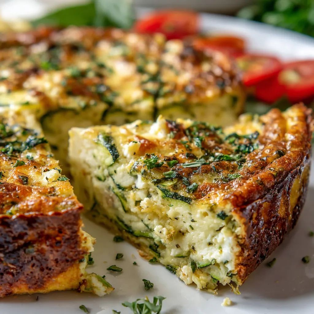 Crustless zucchini quiche with cherry tomatoes and herbs, baked golden in a white pie dish.