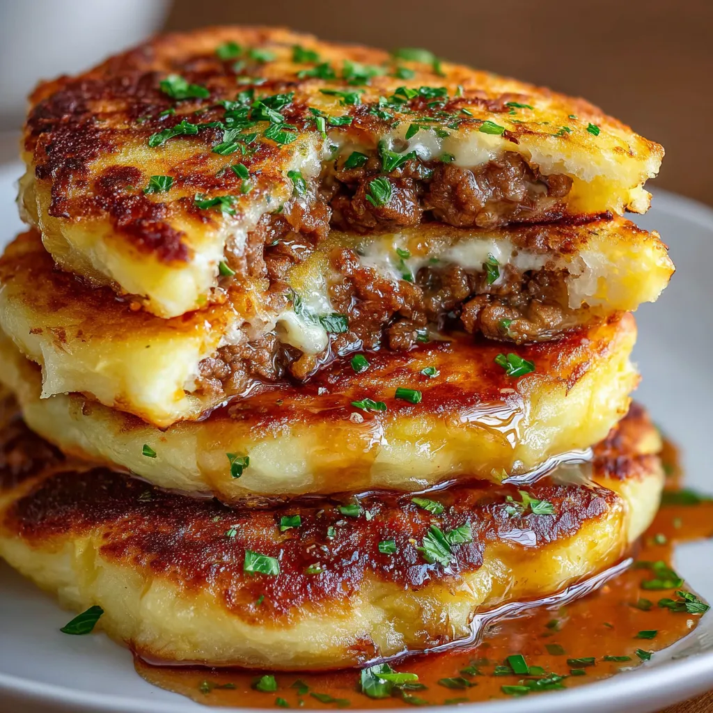 Golden mashed potato pancakes stuffed with ground beef, crispy and ready to serve