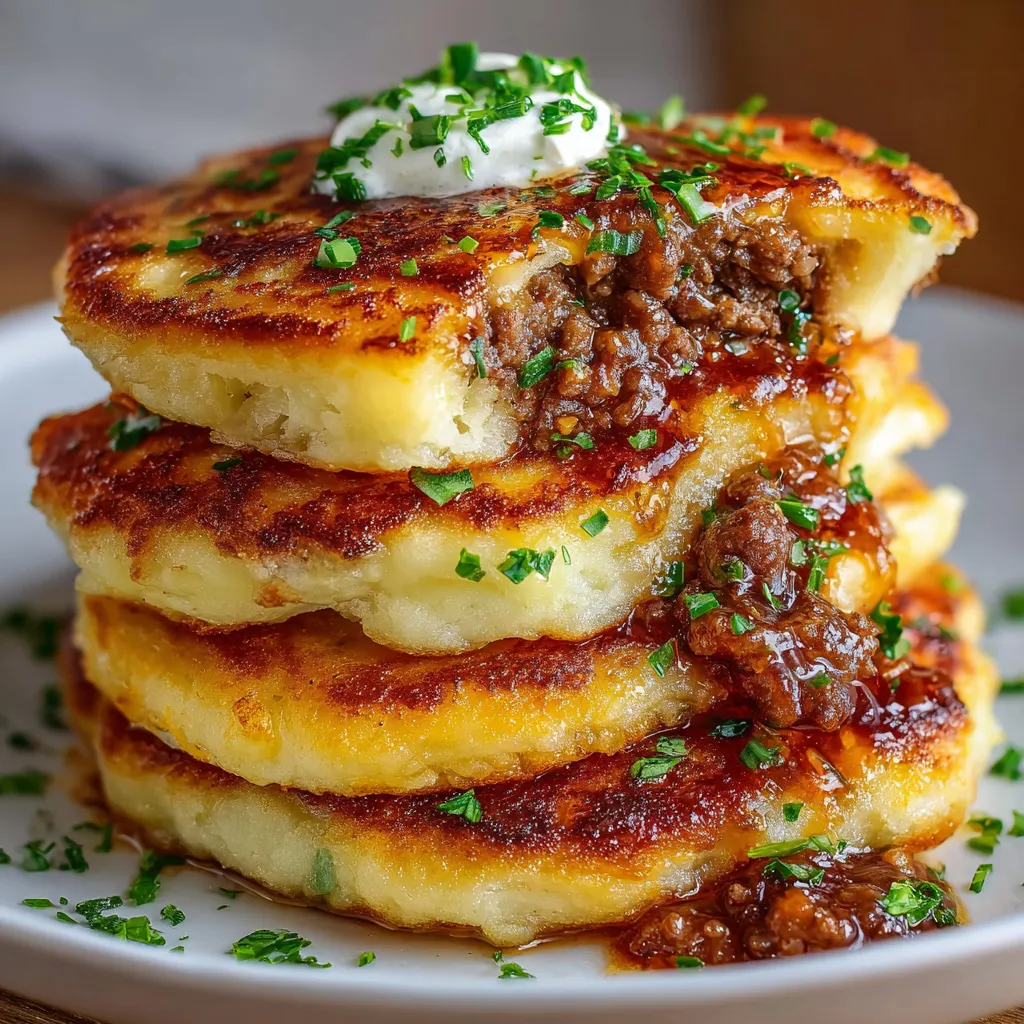 Golden mashed potato pancakes stuffed with ground beef, crispy and ready to serve