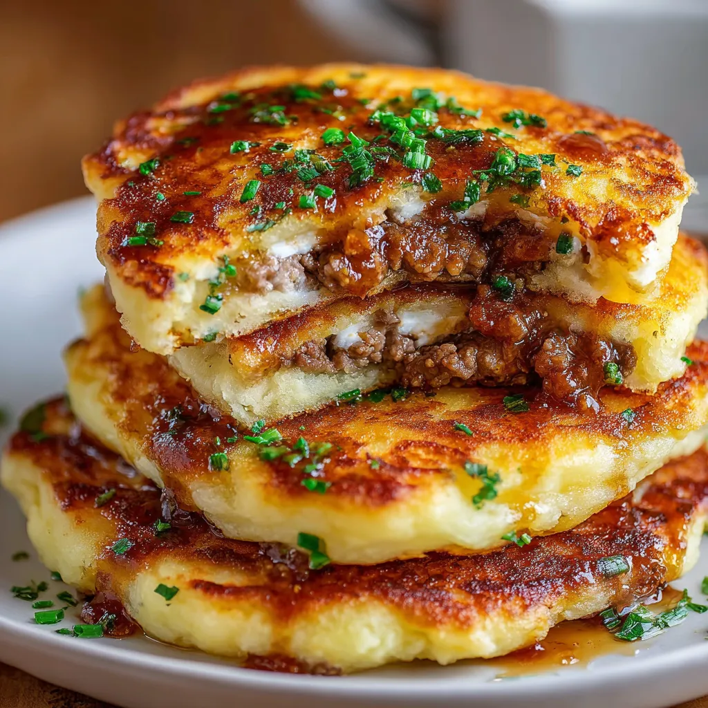 Golden mashed potato pancakes stuffed with ground beef, crispy and ready to serve