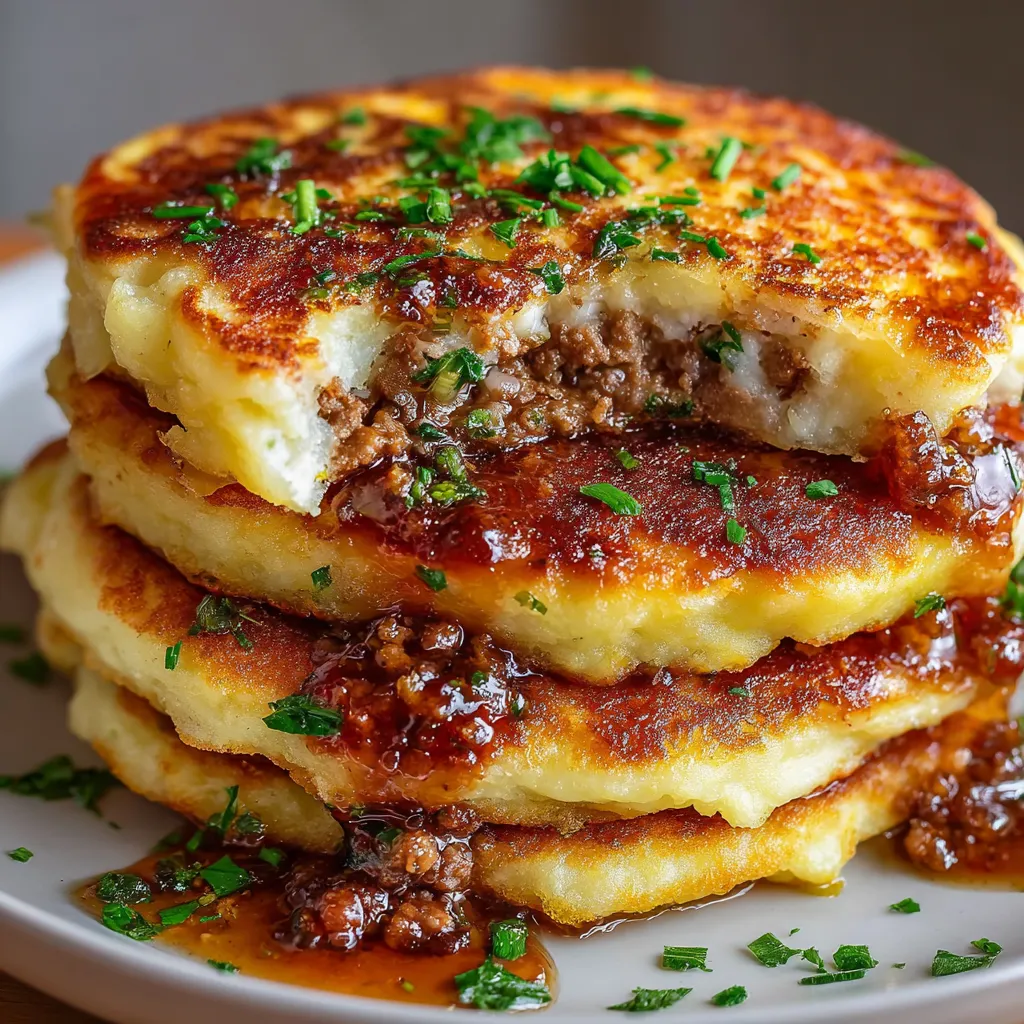 Golden mashed potato pancakes stuffed with ground beef, crispy and ready to serve
