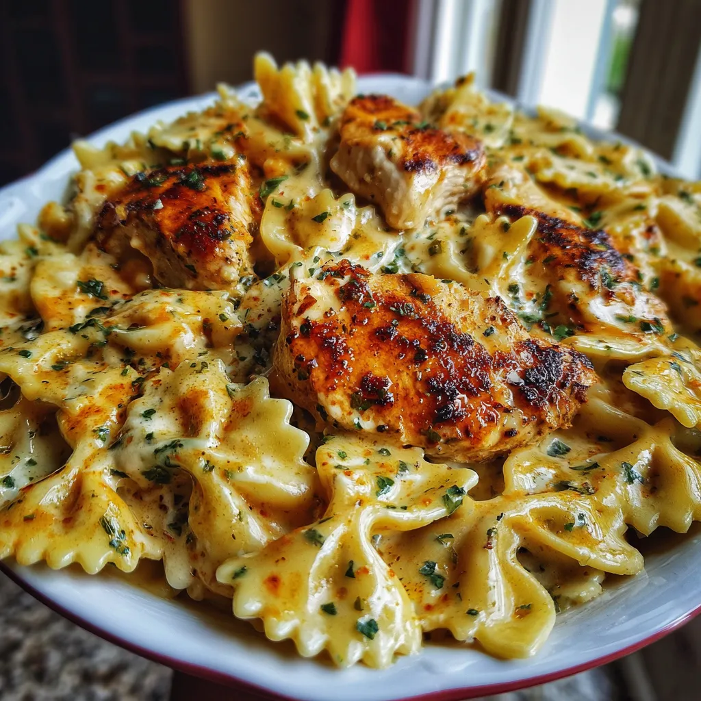 Mozzarella garlic butter chicken bowties served in creamy cheesy sauce with fresh parsley