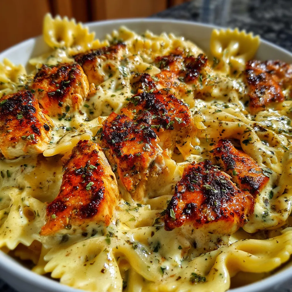 Mozzarella garlic butter chicken bowties served in creamy cheesy sauce with fresh parsley