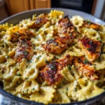 Mozzarella garlic butter chicken bowties served in creamy cheesy sauce with fresh parsley