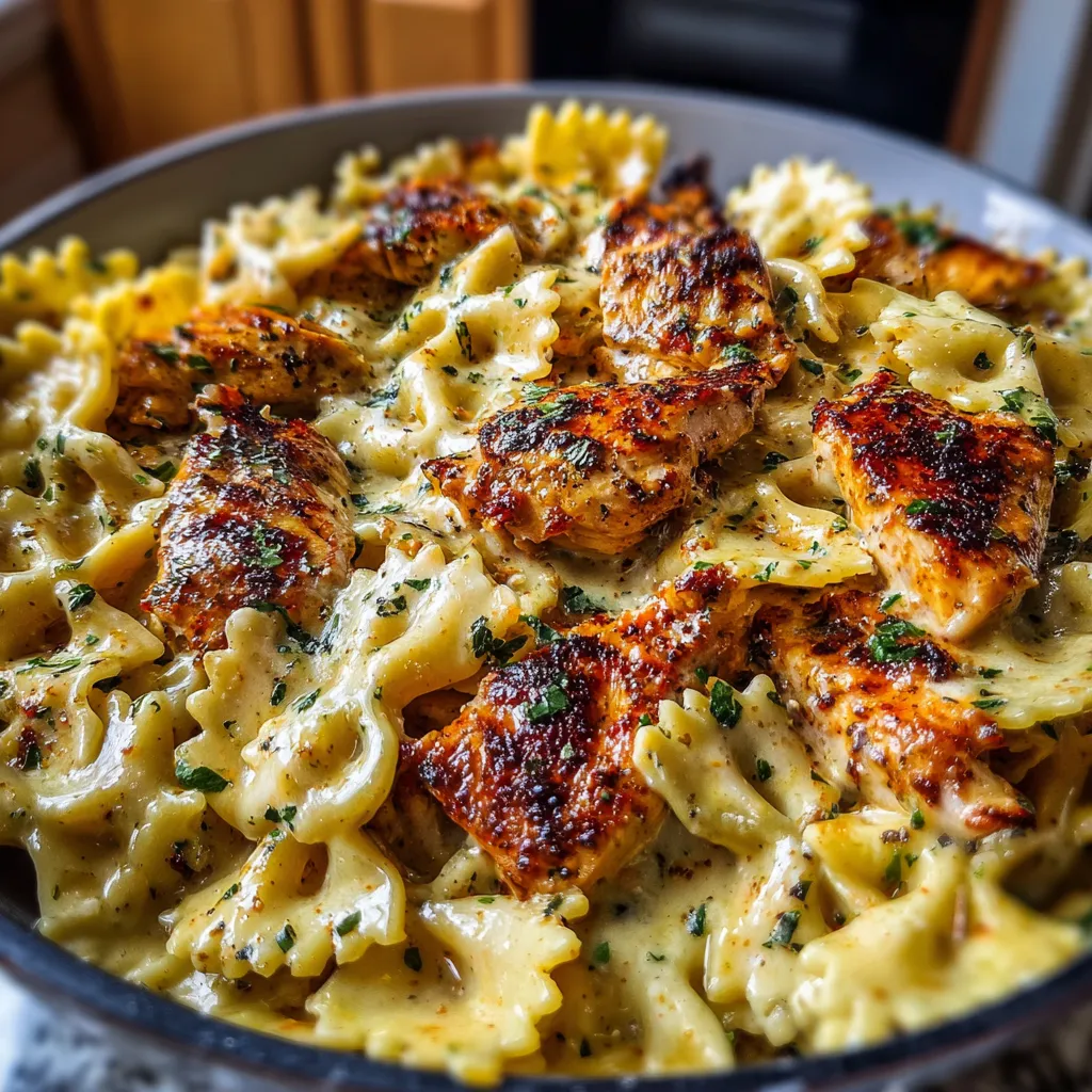 Mozzarella garlic butter chicken bowties served in creamy cheesy sauce with fresh parsley