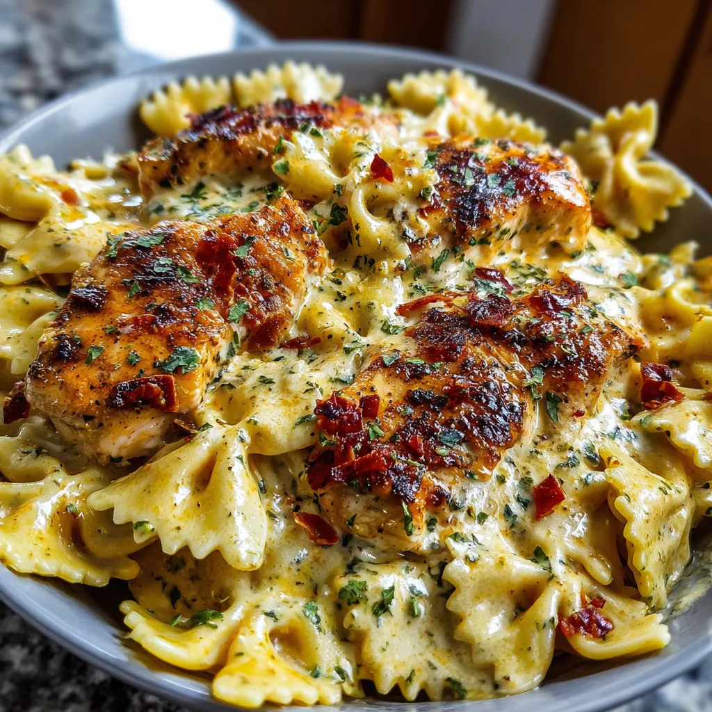 Mozzarella garlic butter chicken bowties served in creamy cheesy sauce with fresh parsley