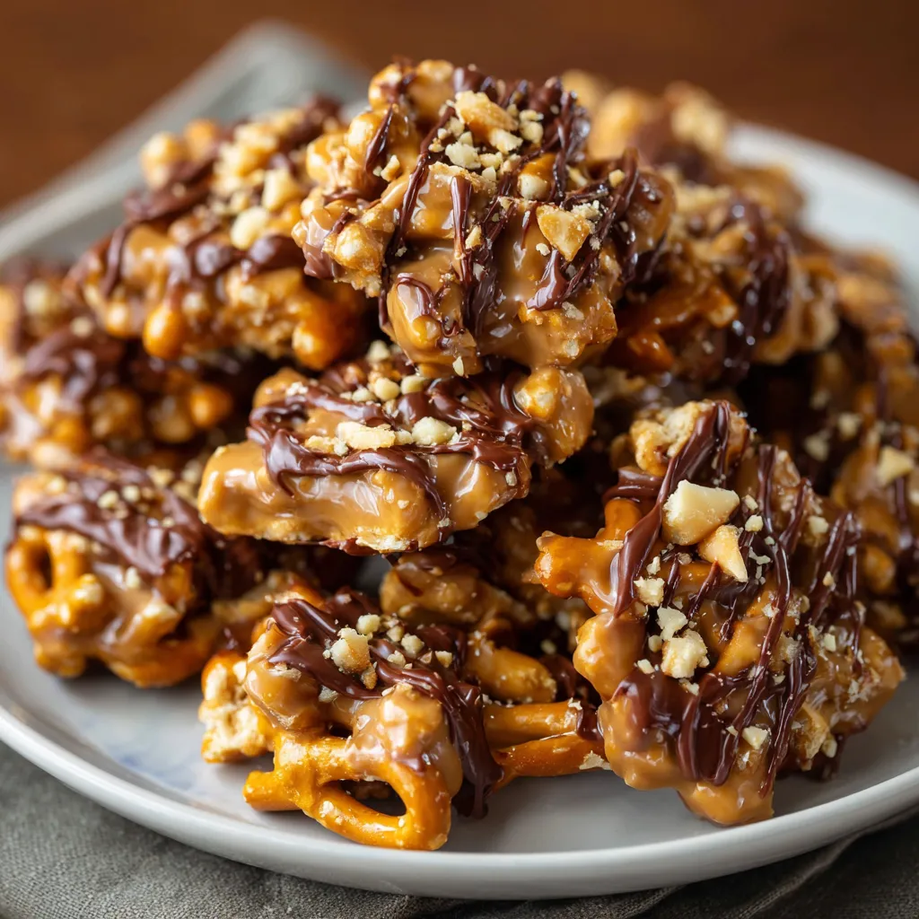 Close-up of no-bake peanut butter pretzel clusters drizzled with chocolate on a parchment-lined tray.