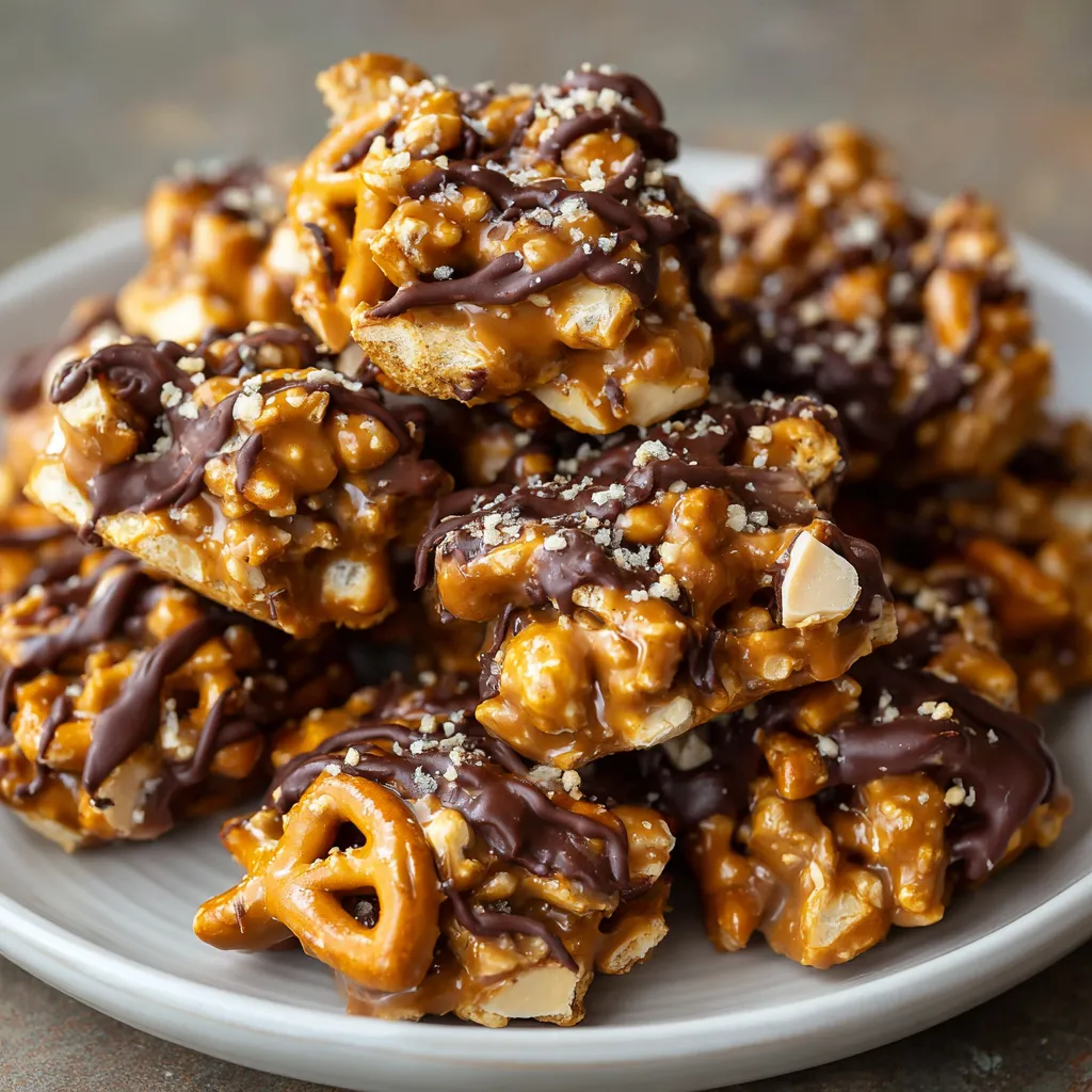 Close-up of no-bake peanut butter pretzel clusters drizzled with chocolate on a parchment-lined tray.