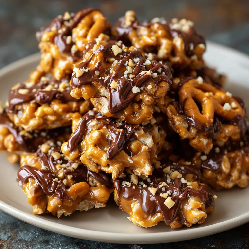 Close-up of no-bake peanut butter pretzel clusters drizzled with chocolate on a parchment-lined tray.