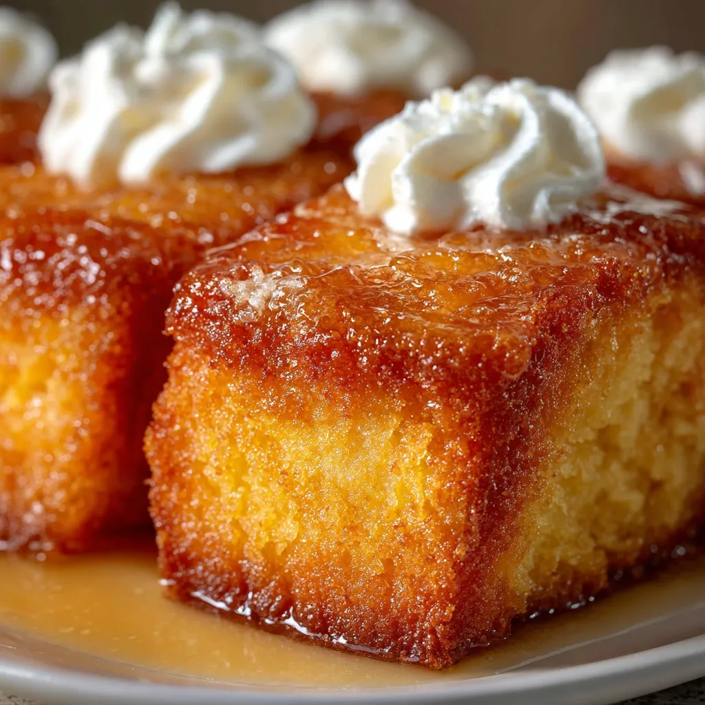 A slice of Peach Cobbler Pound Cake Twinkie topped with warm peaches and a scoop of vanilla ice cream.