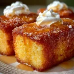 A slice of Peach Cobbler Pound Cake Twinkie topped with warm peaches and a scoop of vanilla ice cream.
