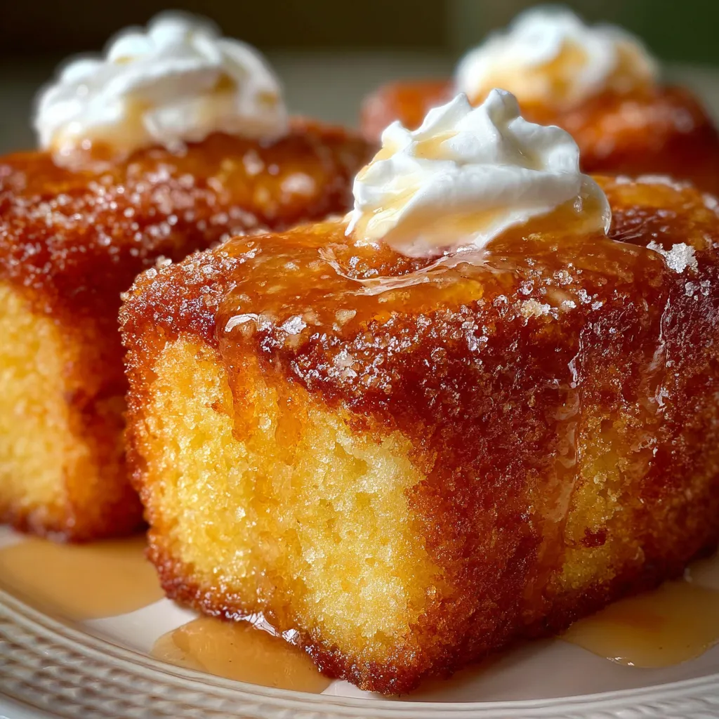 A slice of Peach Cobbler Pound Cake Twinkie topped with warm peaches and a scoop of vanilla ice cream.