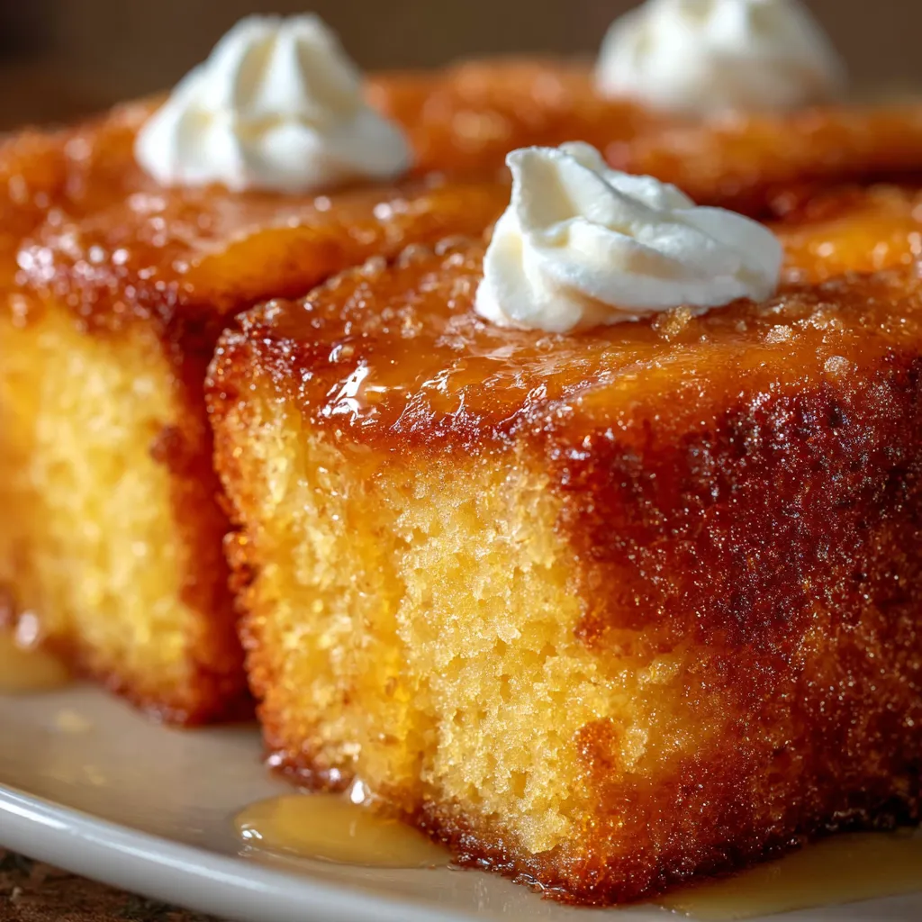 A slice of Peach Cobbler Pound Cake Twinkie topped with warm peaches and a scoop of vanilla ice cream.