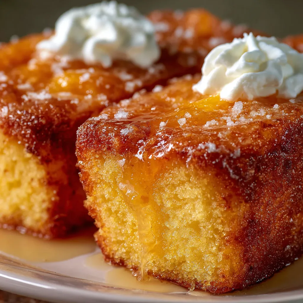 A slice of Peach Cobbler Pound Cake Twinkie topped with warm peaches and a scoop of vanilla ice cream.