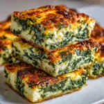 Baked spinach and cheese squares in a 9x9 dish, golden and crispy on top.