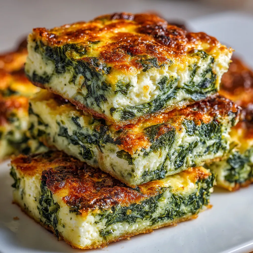 Baked spinach and cheese squares in a 9x9 dish, golden and crispy on top.