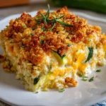Baked zucchini casserole topped with melted cheese and breadcrumbs in a square dish
