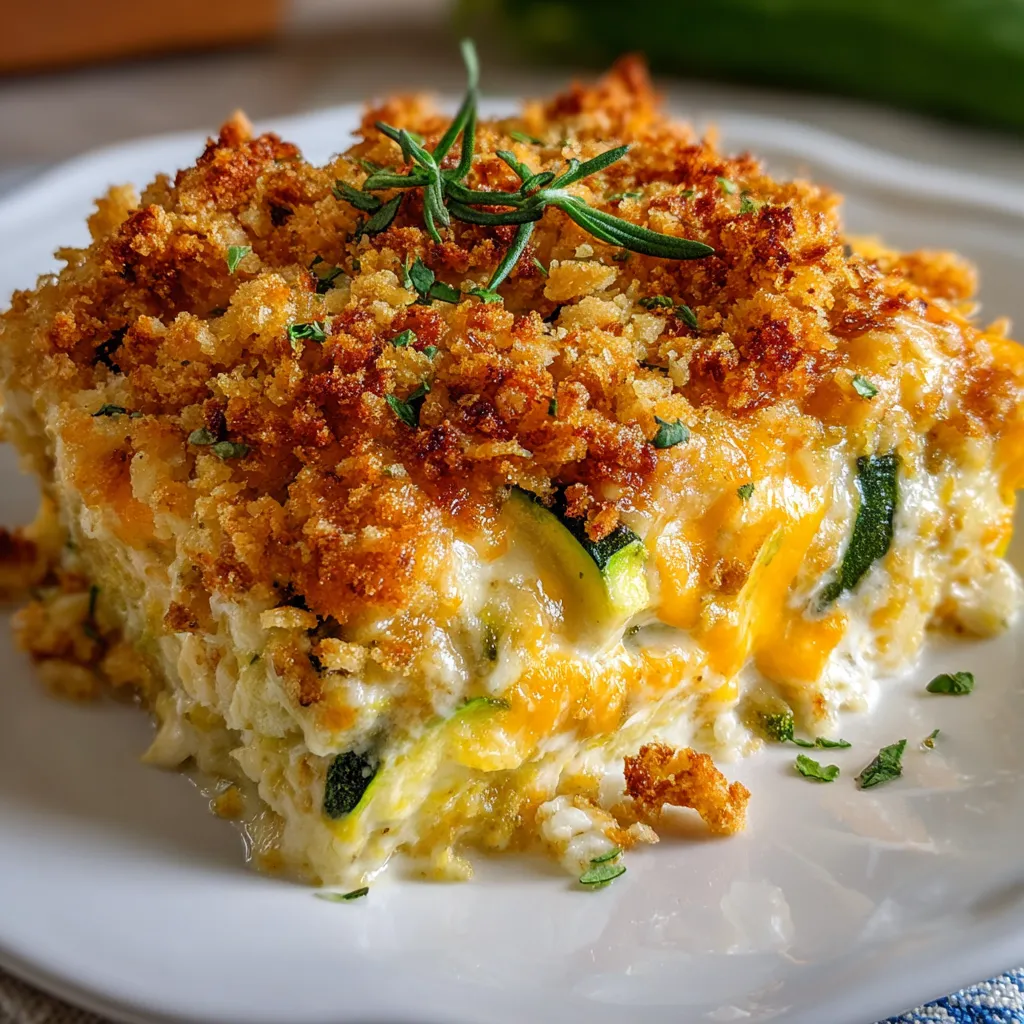 Baked zucchini casserole topped with melted cheese and breadcrumbs in a square dish