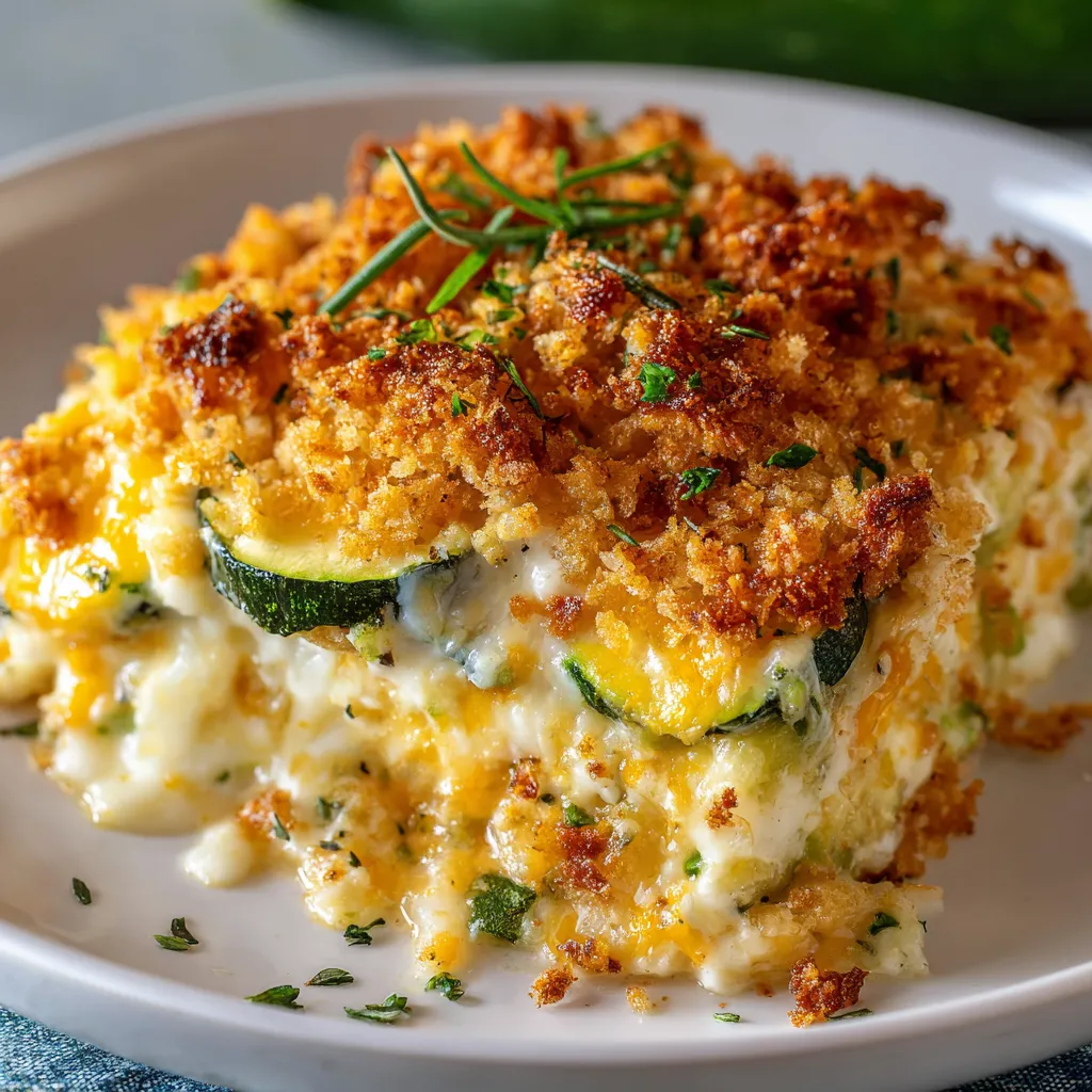 Baked zucchini casserole topped with melted cheese and breadcrumbs in a square dish