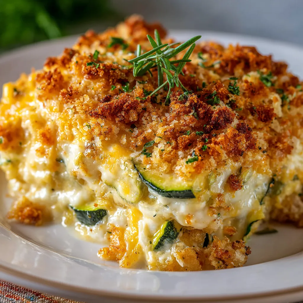 Baked zucchini casserole topped with melted cheese and breadcrumbs in a square dish
