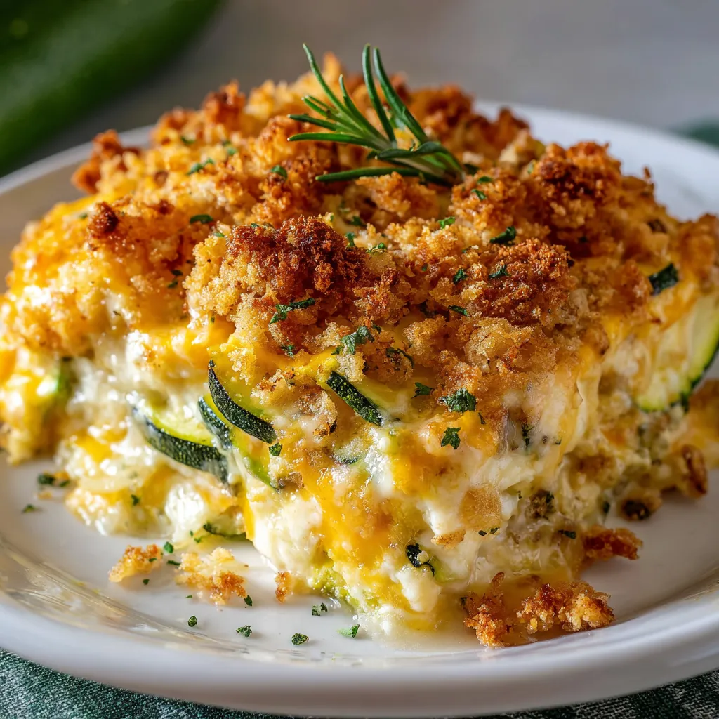 Baked zucchini casserole topped with melted cheese and breadcrumbs in a square dish
