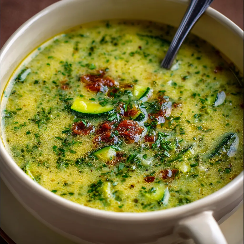 Bowl of creamy zucchini soup garnished with fresh parsley