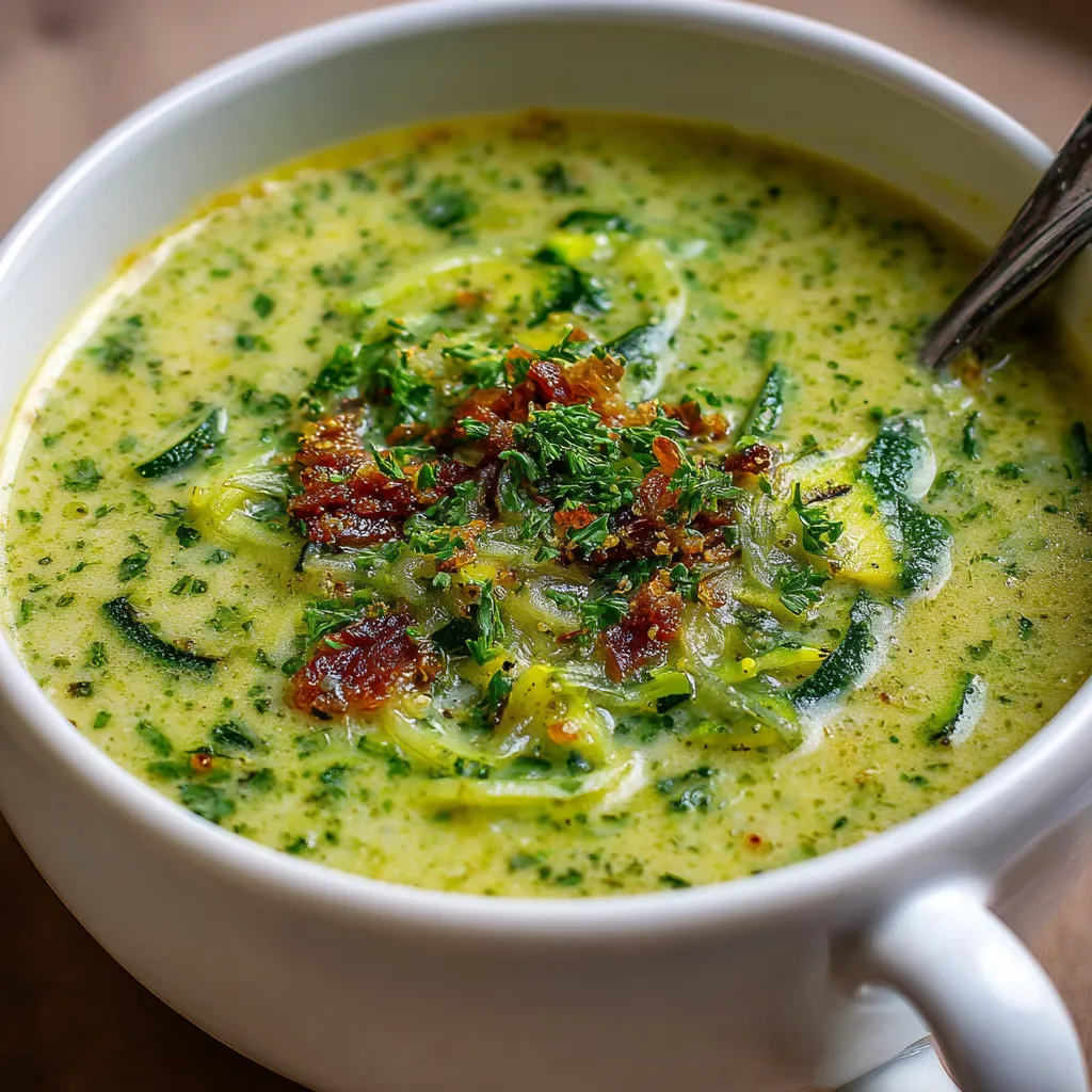 Bowl of creamy zucchini soup garnished with fresh parsley